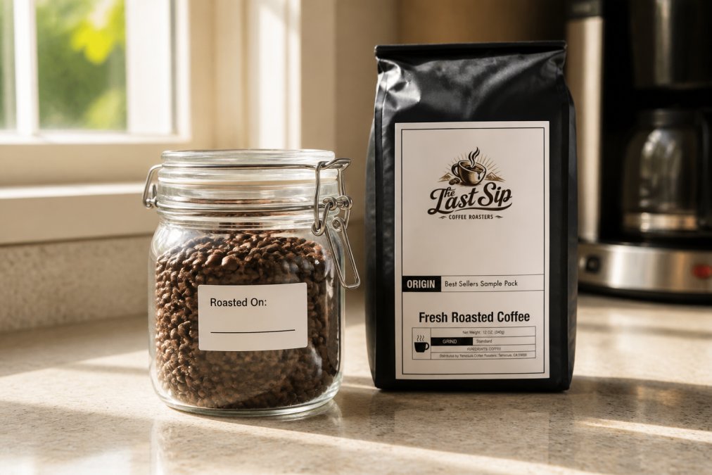 Close-up of coffee beans in an airtight glass container on a kitchen counter with morning sunlight, showing proper storage setup with a label indicating roast date