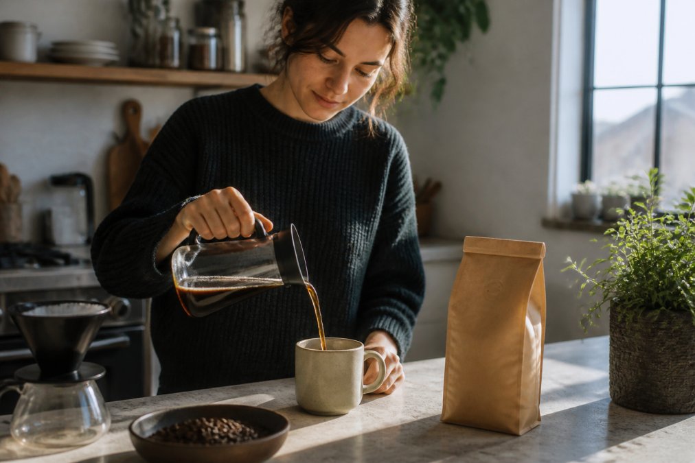 A person pouring a freshly brewed cup of coffee from a small pour-over setup on a kitchen counter in a cozy home, with a bag of whole beans nearby, soft morning light through a window