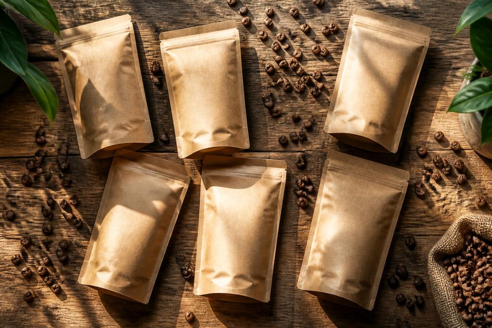 Flat lay of six kraft coffee bags arranged on a natural wood surface with whole coffee beans scattered around them, soft warm morning light casting gentle shadows across the bags