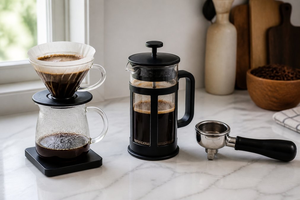 Close-up of a pour-over dripper with coffee blooming above a glass carafe, a French press, and an espresso portafilter arranged side by side on a white marble countertop with soft natural window light