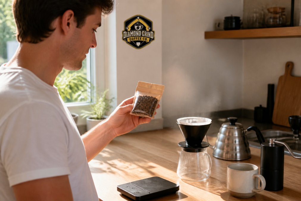 A person holding a small sample pack of coffee beans next to a pour-over setup on a kitchen counter, with morning light coming through a window