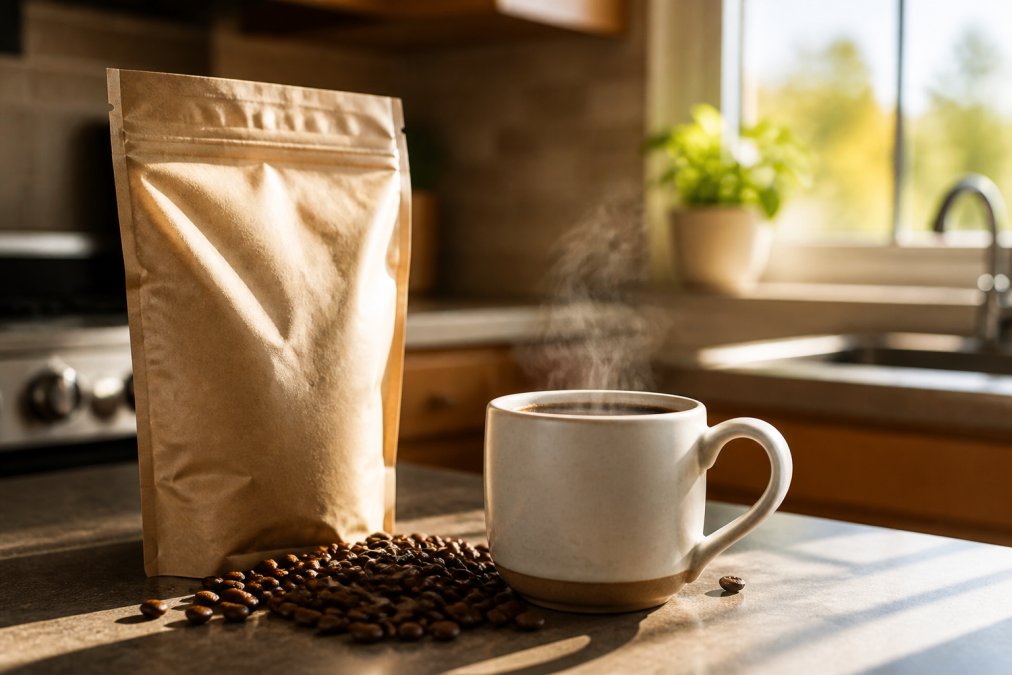 A bag of freshly roasted coffee beans next to a steaming cup of coffee on a kitchen counter with morning sunlight streaming through a window