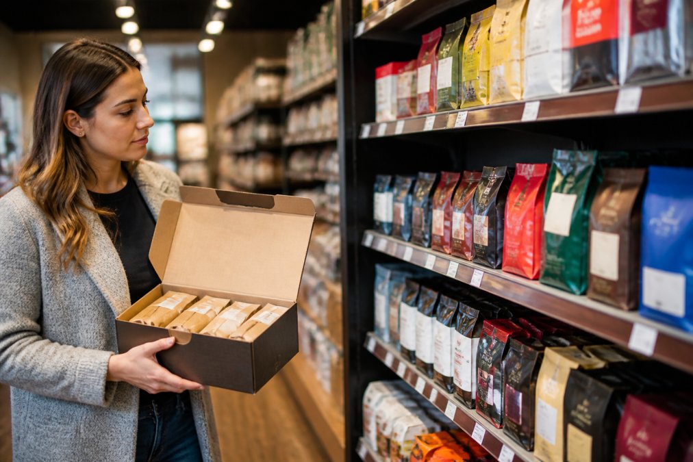 A person holding a premium coffee subscription box next to a grocery store coffee shelf, highlighting the contrast between specialty and mass-market options