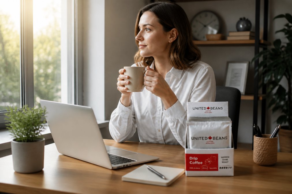 Professional sitting at home office desk with fresh cup of coffee and laptop, morning light streaming through window, showing calm moment before workday begins