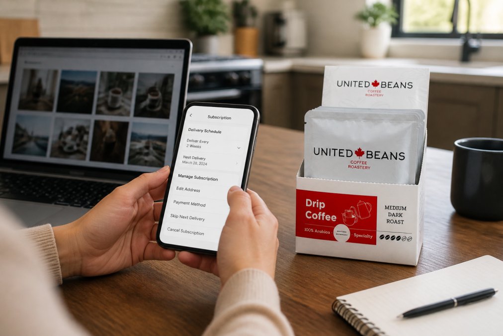 Close-up of hands holding smartphone displaying coffee subscription app interface with delivery scheduling options, coffee bag visible on kitchen counter nearby