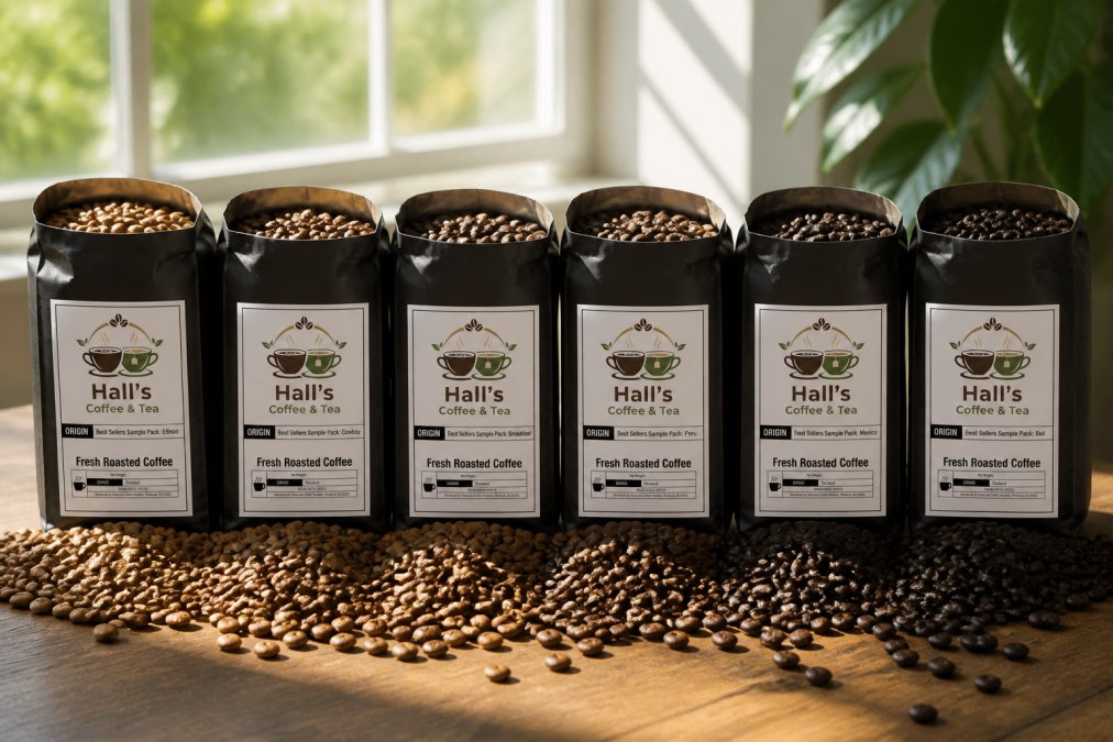 Open coffee sample bags arranged in a row showing the color progression from light to dark roasts, with whole beans spilling across a wooden surface, natural morning light streaming across