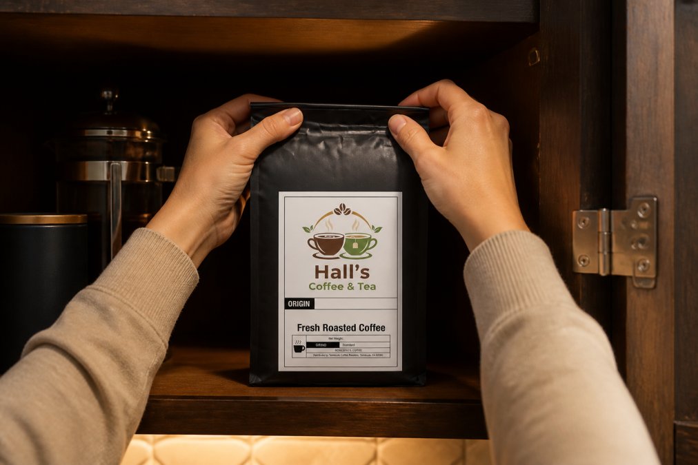 Home barista's hands sealing an airtight coffee canister in a cool, dim kitchen cabinet, with a roast date label clearly visible on the container, warm kitchen lighting