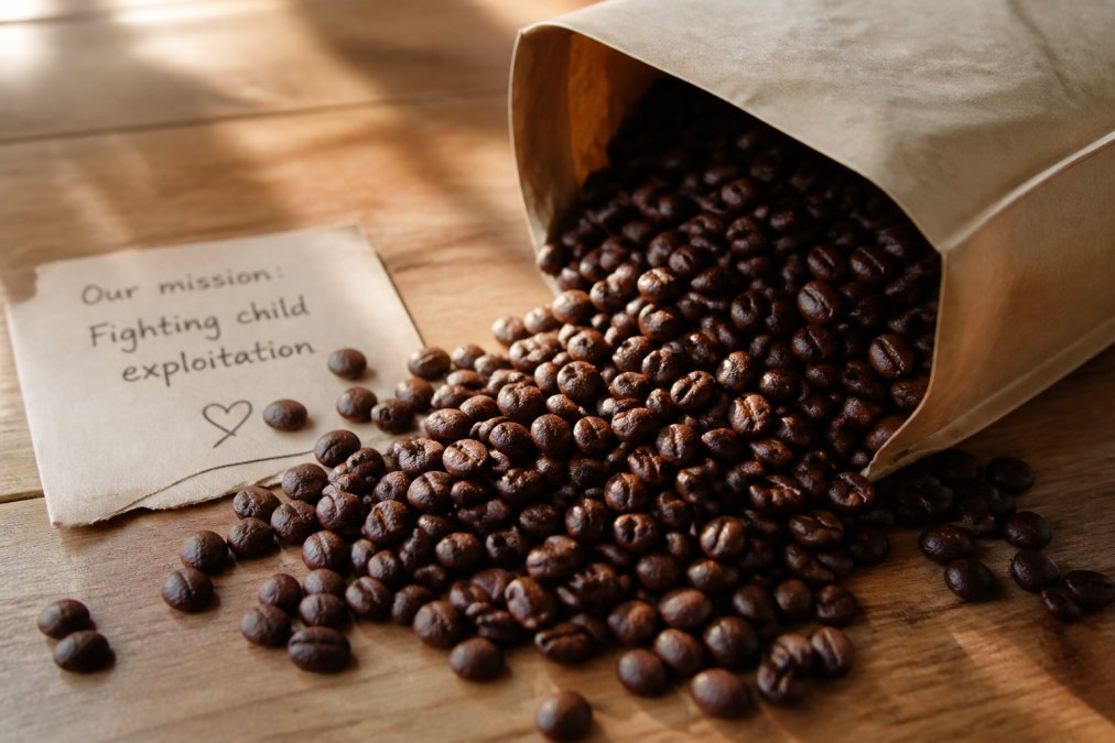 Close-up of freshly roasted whole bean coffee being poured from a kraft bag onto a wooden surface, with warm natural light and a small handwritten mission card visible nearby