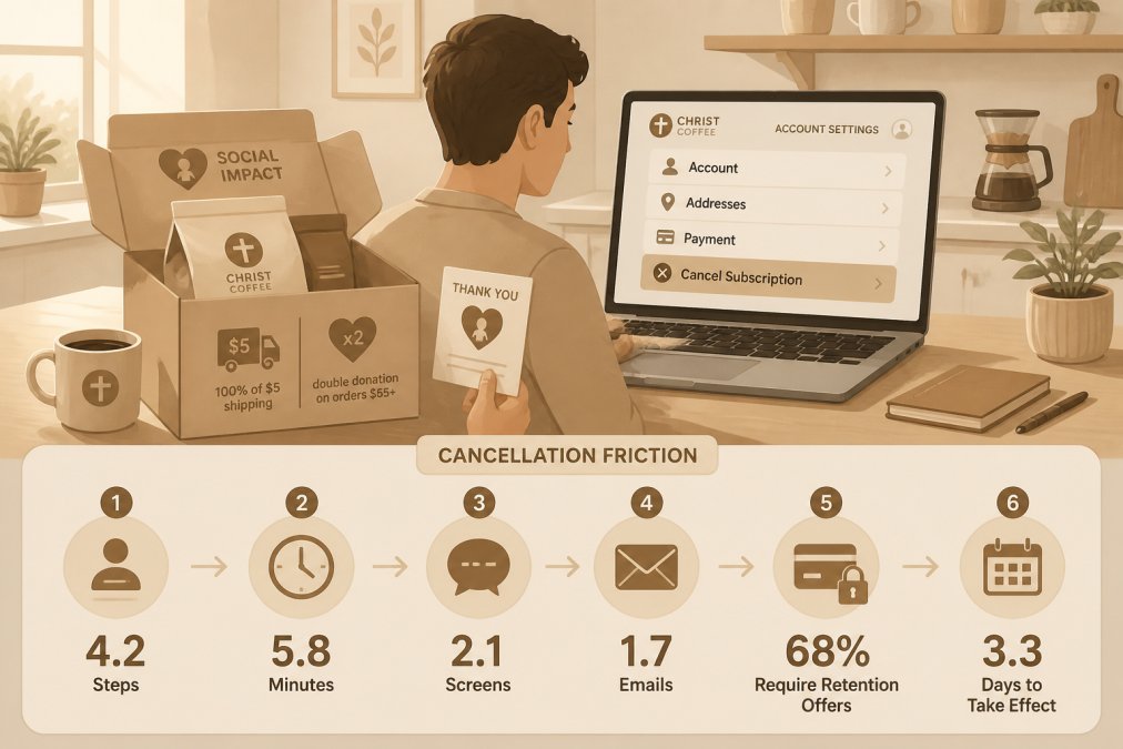 Person at a kitchen table reviewing a coffee subscription box with a laptop open showing an account settings page, relaxed home environment with morning light