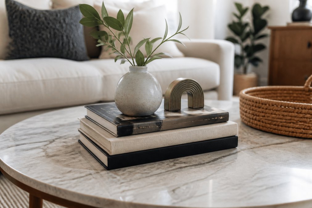 A well-styled coffee table in a bright living room, with a stack of three hardcover design books, a small ceramic vase, and a decorative object arranged on top