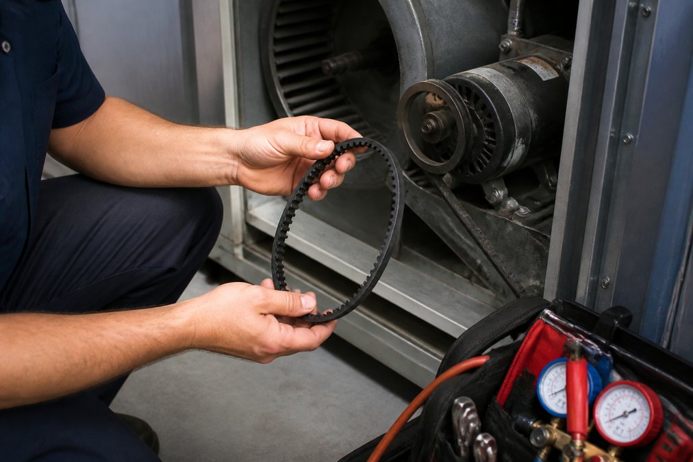 Maintenance technician holding a new cogged belt near an HVAC blower motor in a mechanical room