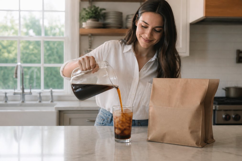 A person in a bright kitchen pouring dark cold brew concentrate from a glass carafe into a tall glass filled with ice, a freshly delivered coffee subscription bag on the counter beside them