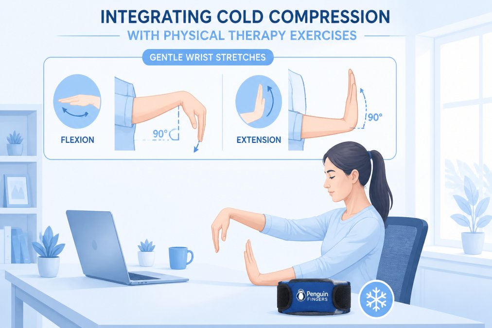 Adult performing gentle wrist flexion and extension stretches at a desk, with a cold compression wrap resting on the table nearby, bright home office setting with natural window light
