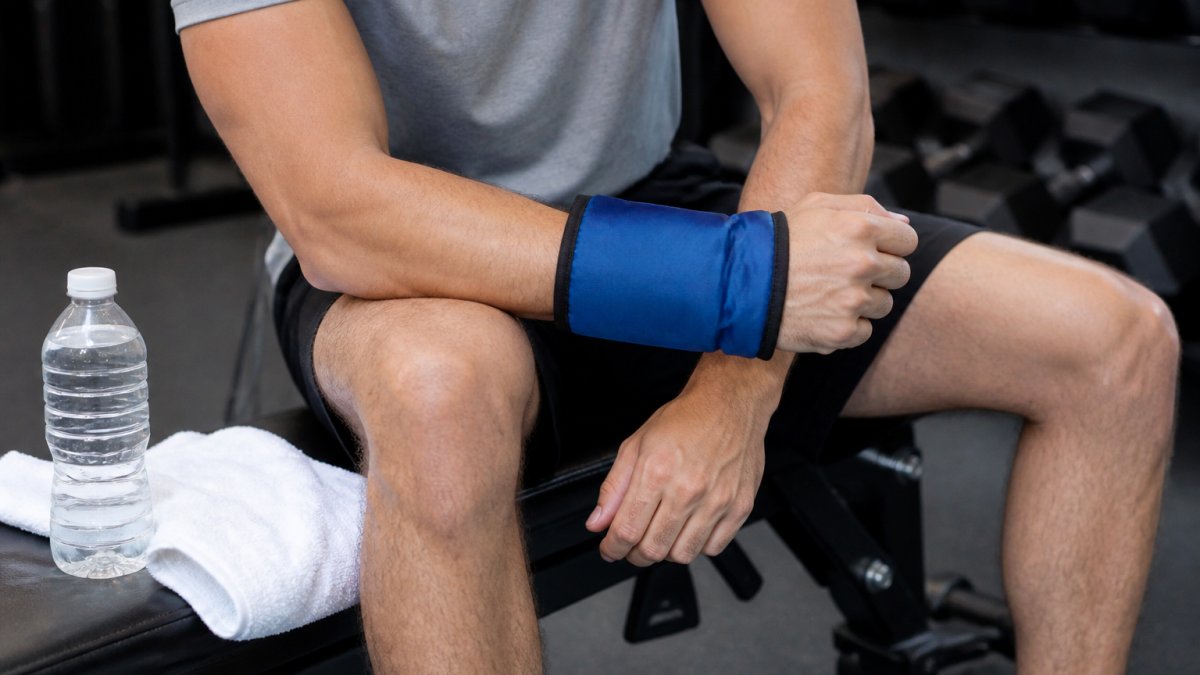 Close-up of an athlete's wrist wrapped in a blue cold compression sleeve while resting on a gym bench, with a water bottle and towel nearby
