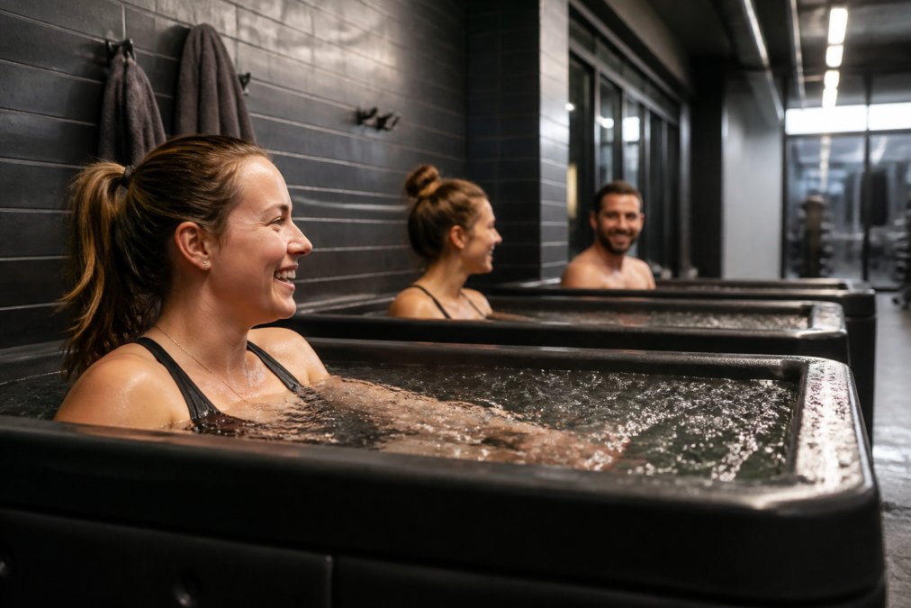 Professional gym members immersed in commercial-grade cold plunge in modern fitness facility with bright overhead lighting and clean tiled surroundings