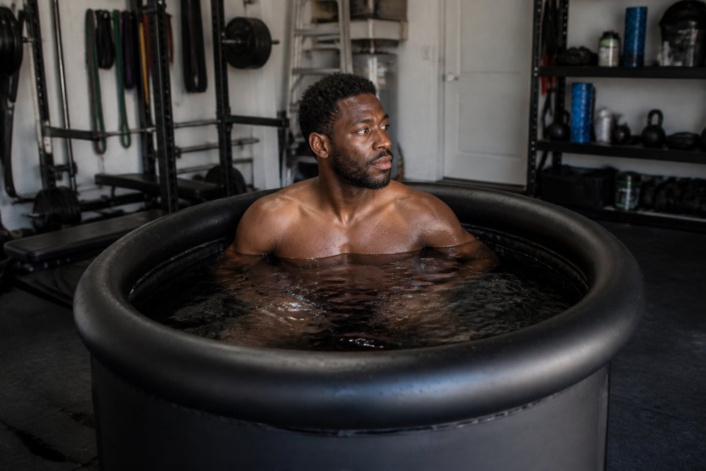 A muscular athlete sitting inside a large inflatable ice bath tub in a modern home garage gym, water at chest level, focused expression, bright overhead lighting