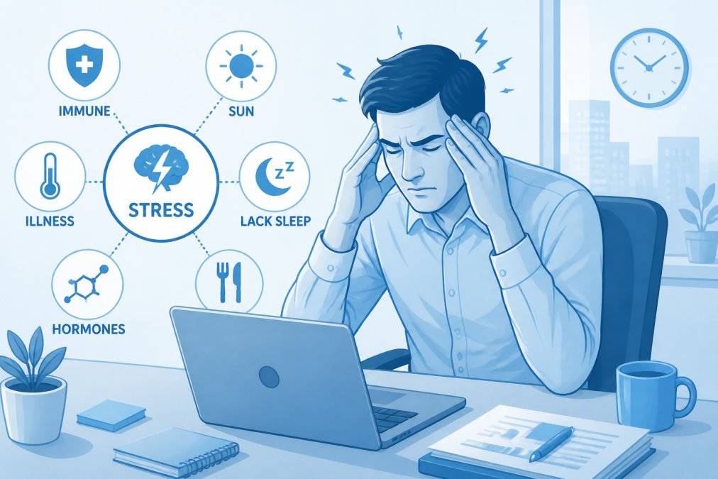 Adult experiencing stress at work, showing visible tension in facial expression while sitting at desk with hands near face, natural office lighting