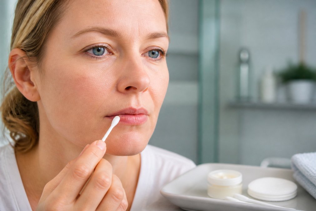 Close-up of person's hand applying topical cold sore treatment to their lip using a cotton applicator, professional clinical setting with natural lighting