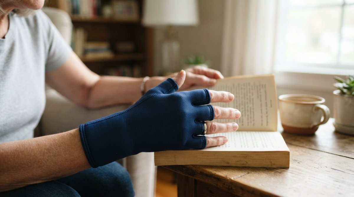 Person's hand wearing a blue compression sleeve, demonstrating proper fit around fingers and wrist during everyday activity with natural lighting