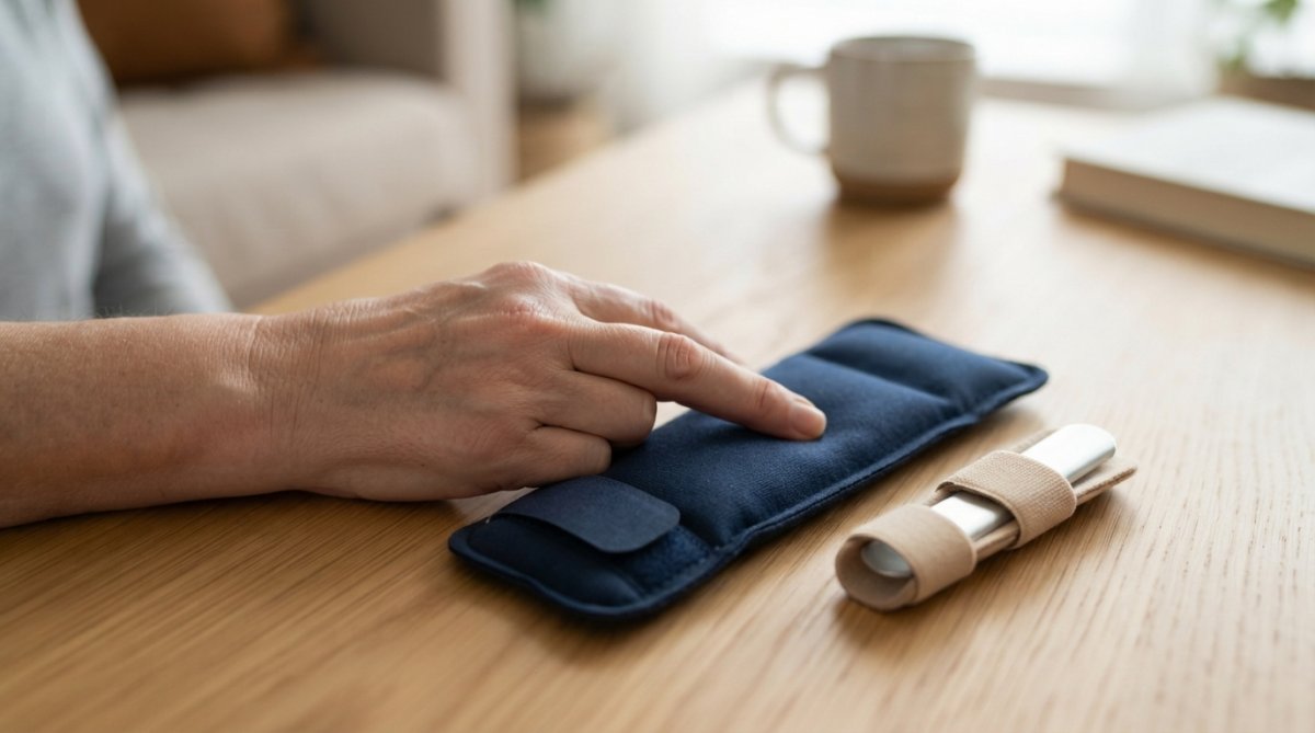Overhead shot of Penguin Fingers gel ice pack and finger splint wrap on a clean surface with a person's hand nearby showing the products in context