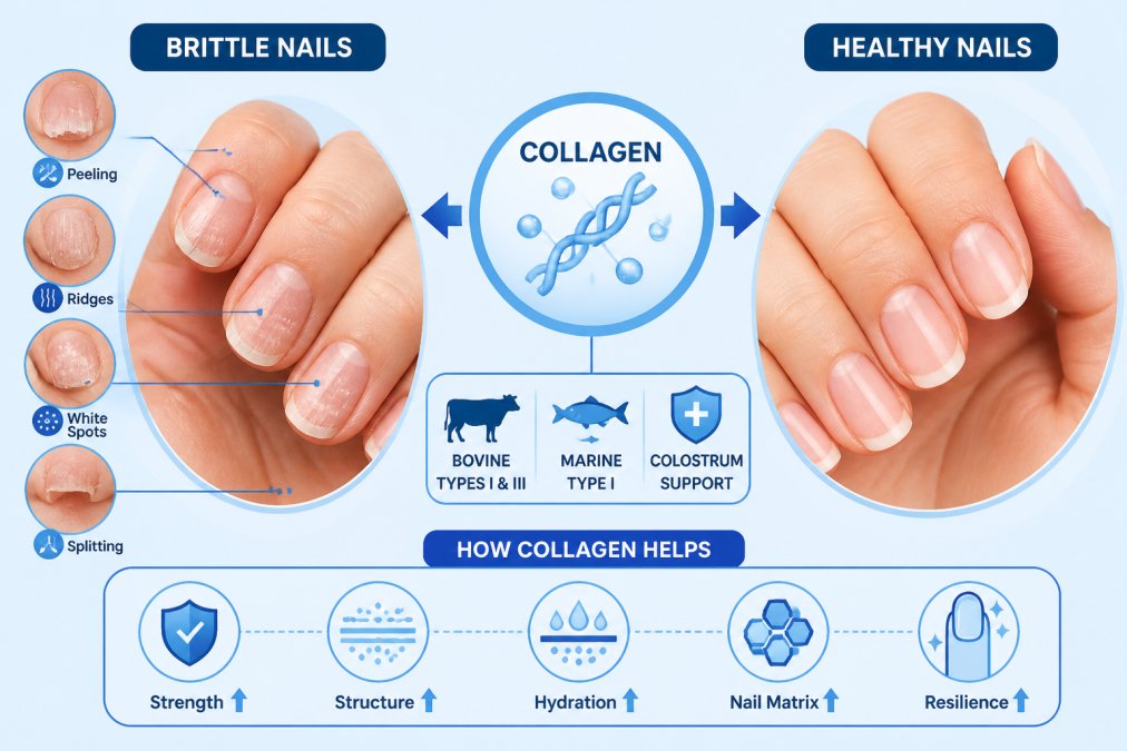 Close-up of hands showing brittle, peeling fingernails with visible damage and white spots alongside healthy nails for comparison
