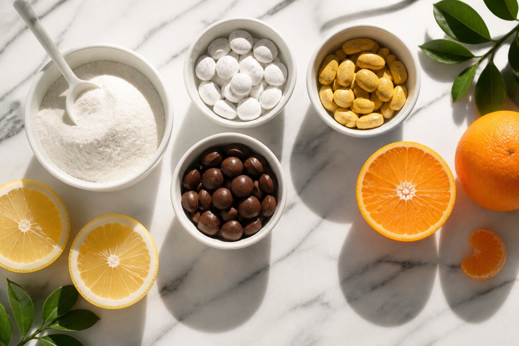 Overhead flat-lay of collagen powder in a white bowl, biotin supplement tablets, vitamin C tablets, copper and iron supplements, and fresh citrus fruits arranged on a clean marble surface with natural sunlight
