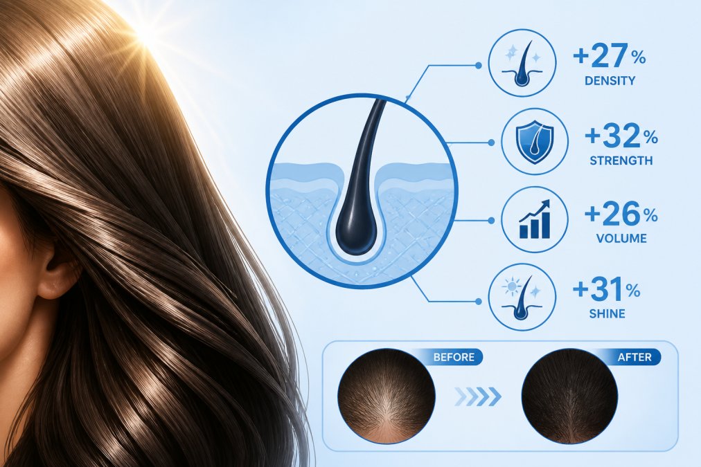 Close-up of a woman's thick, healthy hair strands catching natural sunlight, showing shine, volume, and visible density with individual hairs appearing strong and resilient