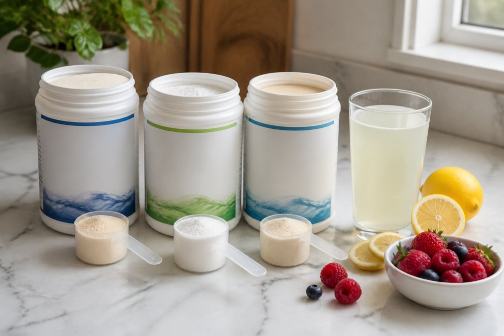 Flatlay of three collagen powder containers with scoops, a clear glass of dissolved collagen powder in water, fresh lemon slices, and mixed berries arranged on a clean white marble countertop with natural window lighting