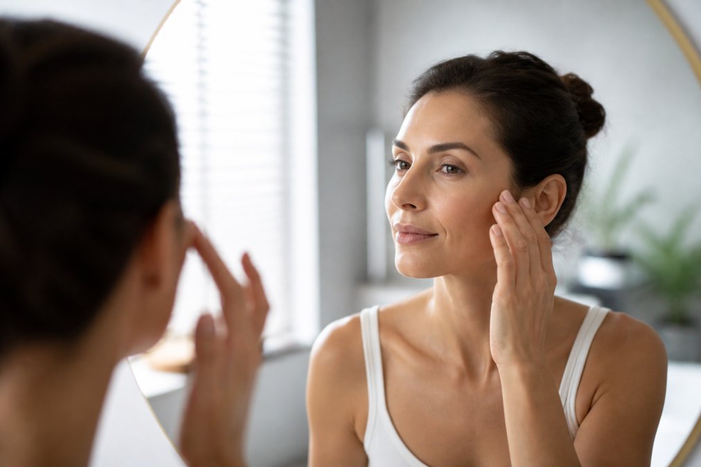 Woman in her late 30s examining her skin in natural light, showing healthy, firm complexion with a confident expression