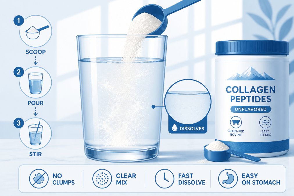 Close-up of unflavored collagen powder being mixed into a glass of water, showing the powder dissolving clearly without clumping, with natural morning light streaming across the counter