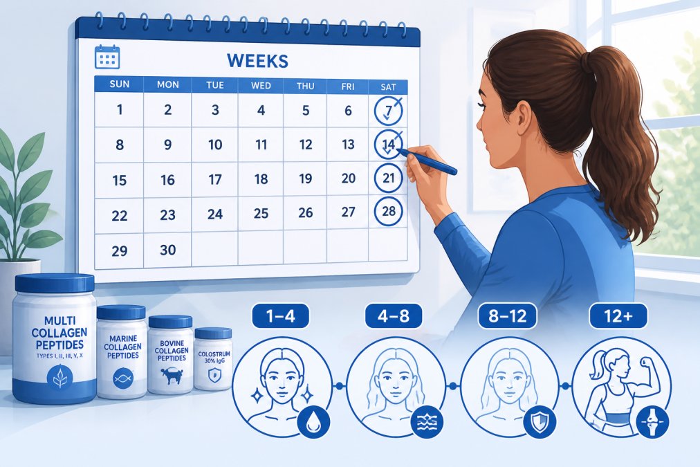 Person marking off weeks on a wall calendar with a pen, representing the timeline for seeing visible collagen supplement results, natural daylight from a window illuminating the scene