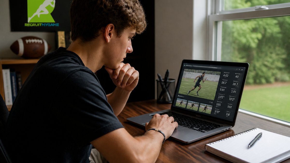 High school student-athlete reviewing their recruiting profile on a laptop with film clips and performance statistics visible on screen, sitting at a desk in a home office with natural light from a window