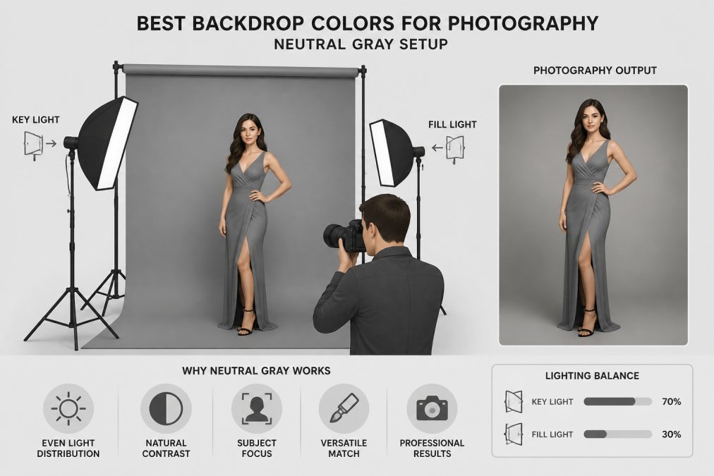 Professional photo booth setup with photographer capturing a model against neutral gray matte backdrop, soft key light and fill light creating even illumination across subject and background, showing clear contrast and professional photography output
