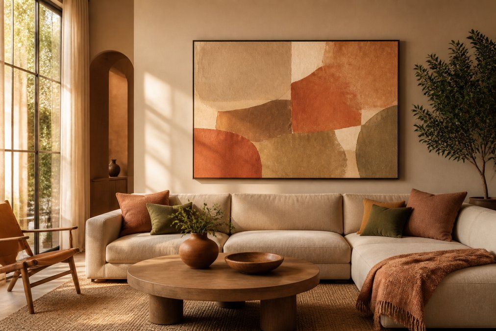 An abstract painting featuring warm earth tones, beige, terracotta, dusty olive, and warm sand, displayed on a living room wall above a neutral sofa with warm-toned furnishings and natural afternoon light streaming through large windows