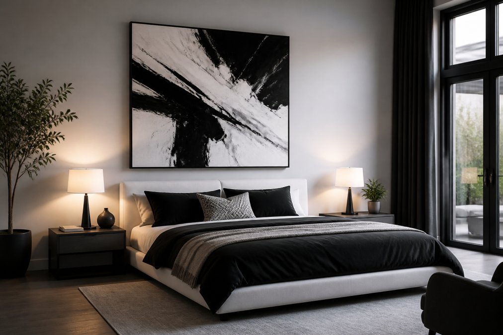 A high-contrast black and white abstract painting hanging in a contemporary bedroom with modern furniture, sleek lines, and minimal decor, showing how the palette complements multiple interior styles under soft ambient lighting