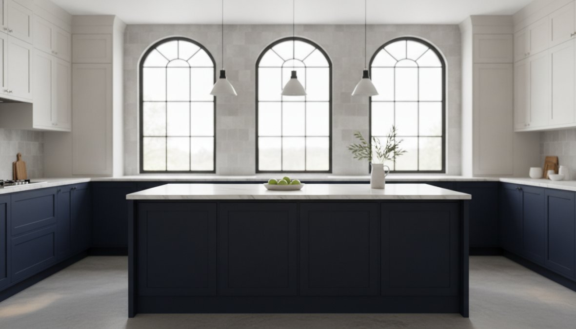 Modern kitchen with two-tone cabinetry: white upper cabinets paired with deep navy lower cabinets and matching island, natural light streaming through large windows, brass hardware and marble countertops visible