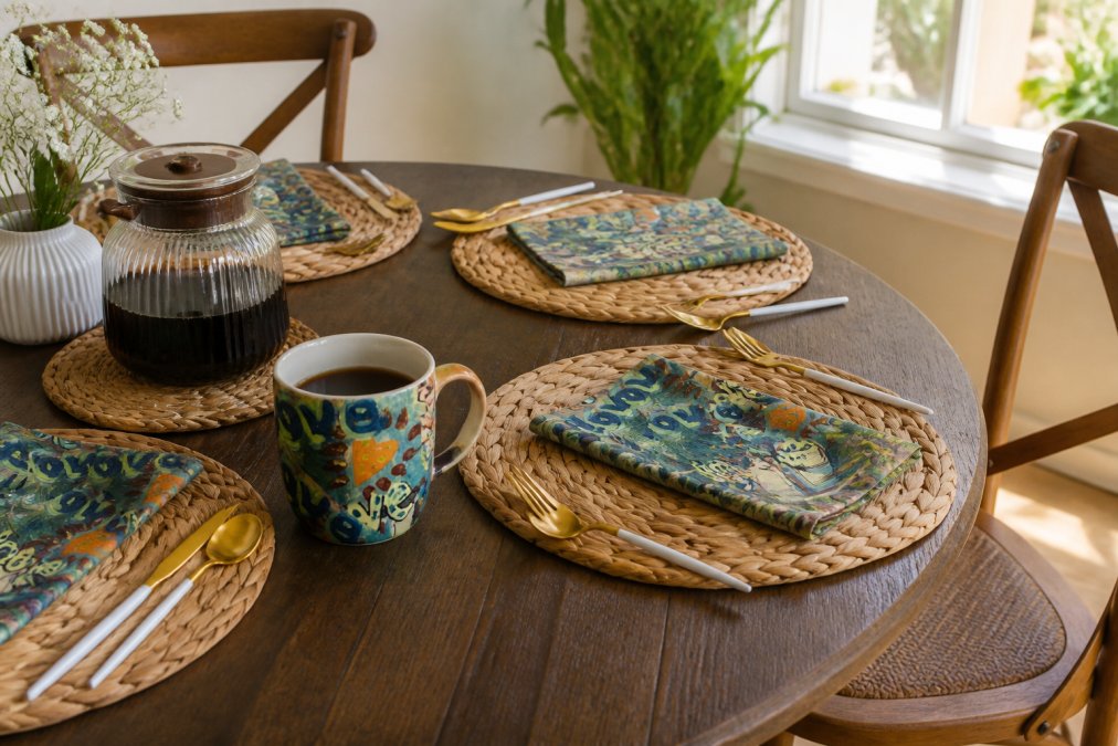 A styled dining table with vibrant multicolor placemats and cloth napkins laid out, a ceramic art mug beside a morning coffee setup, warm natural light coming through a nearby window
