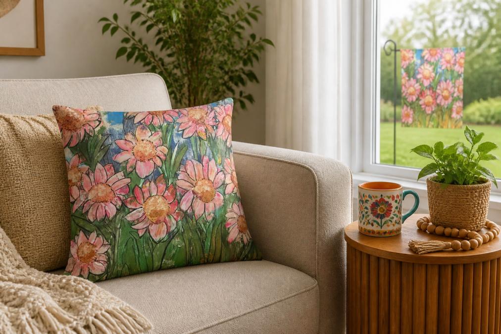 A cozy living room corner with a boho accent pillow on a neutral sofa, a colorful mug on a side table, and a small garden flag visible through a window in the background, warm earthy tones throughout