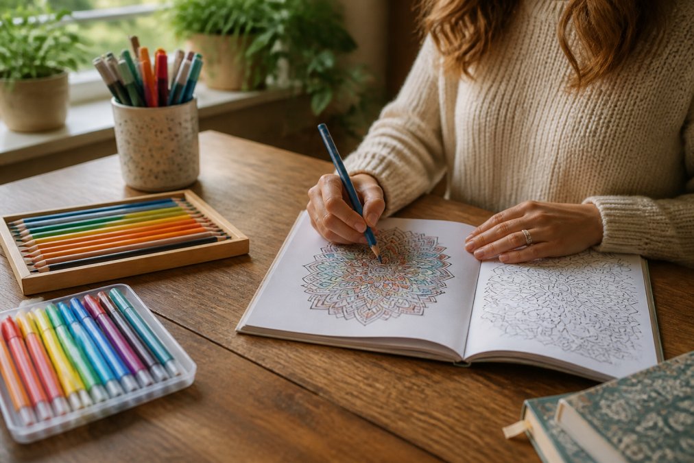 Adult sitting at a wooden table with colored pencils, markers, and a detailed coloring book open, showing hands actively coloring an intricate mandala pattern with natural window light