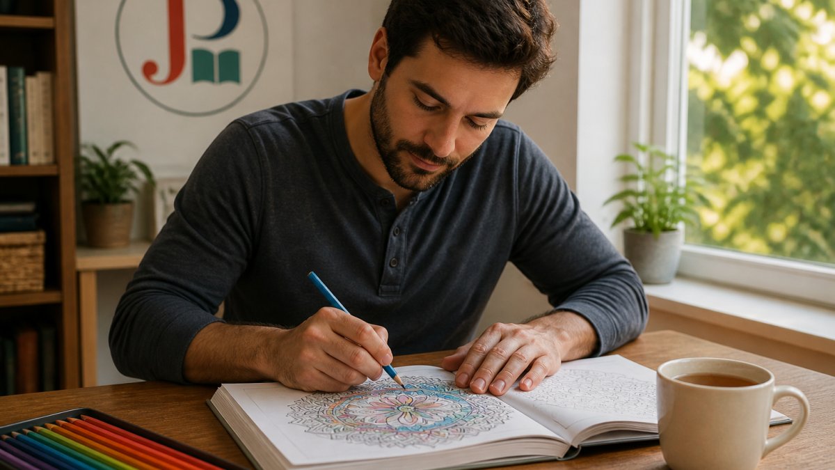 Adult sitting at a wooden table with a coloring book open, colored pencils arranged nearby, and a warm mug of tea, looking focused and relaxed while coloring an intricate mandala pattern with natural window light