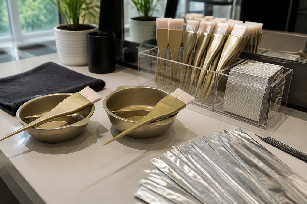 Professional colorist at organized salon station with ESTL+CO stain-resistant bowls, feathered brushes, and Asymetrie foils arranged and ready for complex color application service with natural lighting