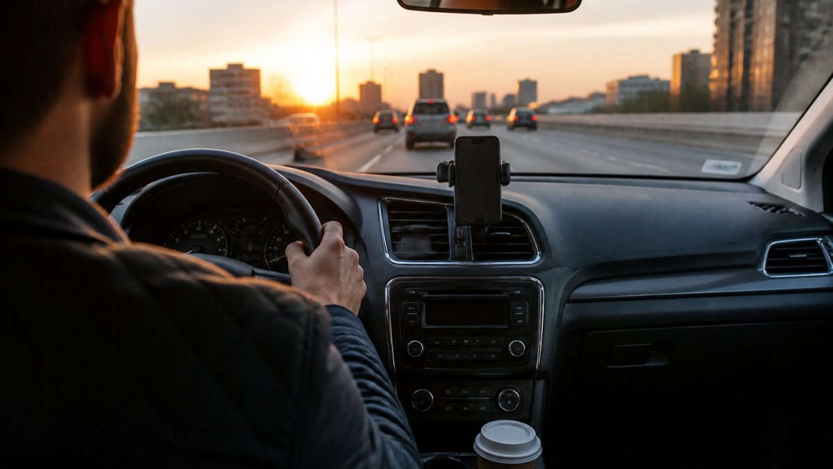 Commuter driving at sunrise while listening to comedy podcasts on a smartphone mounted to the dashboard.