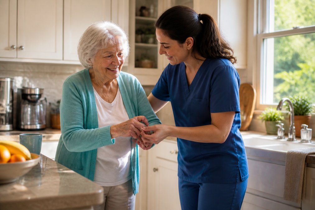 Compassionate female caregiver assisting elderly woman with morning routine in bright, accessible home kitchen with natural lighting streaming through windows