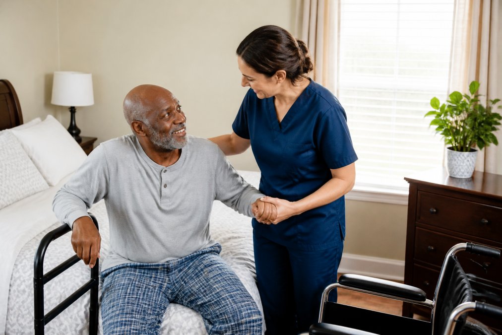 Elderly man with warm smile receiving assistance from attentive caregiver in bright, accessible bedroom with safety rails and proper lighting