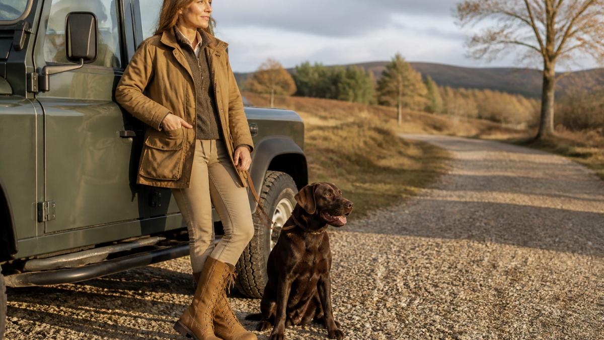 A woman in tan grained leather laced country boots standing beside a Land Rover on a gravel track, autumn light, gun dog at her feet