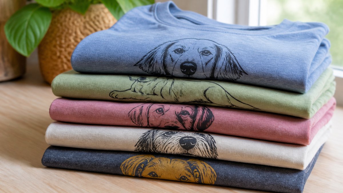 Close-up of folded soft cotton graphic tees in several colors stacked on a light wooden table, natural window light