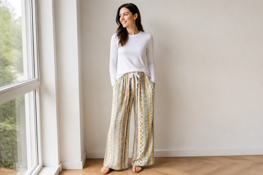 Woman wearing wide-leg casual pants in peacock green paired with a solid-color long-sleeve top, standing in natural daylight near a window with neutral background, showing a complete casual-polished outfit
