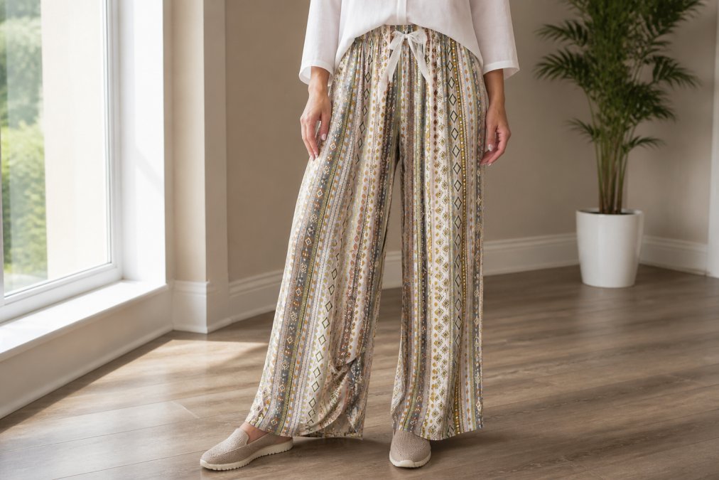 Close-up of a woman's lower body wearing comfortable wide-leg casual pants in black paired with breathable slip-on walking shoes with flat soles, standing on a clean indoor floor with natural window lighting, showing the complete casual-comfortable outfit