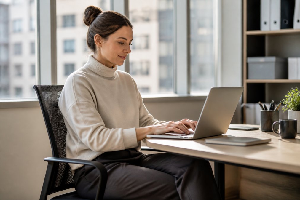 Professional woman at a desk wearing a turtleneck sweatshirt and modal trousers, working on a laptop in a modern office with natural light streaming through windows