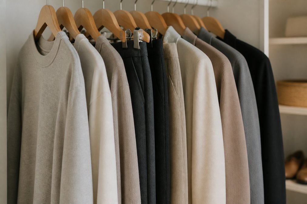 Close-up of neatly organized work clothing on hangers including sweatshirts, trousers, and layering pieces in neutral tones with soft natural lighting
